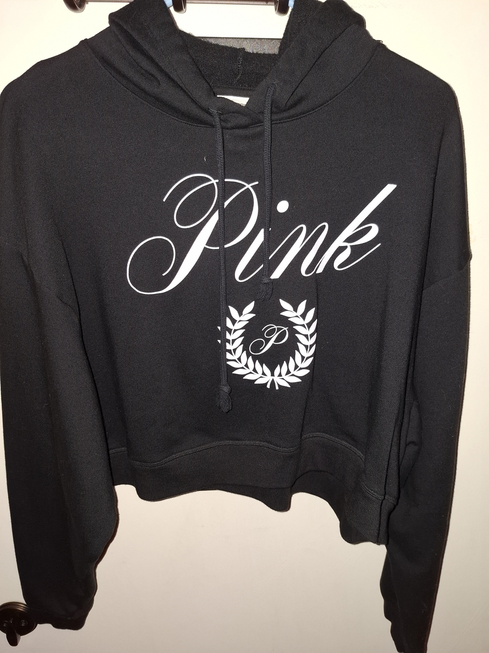Victoria's Secret PINK Black Cropped Hoodie with White Script Logo